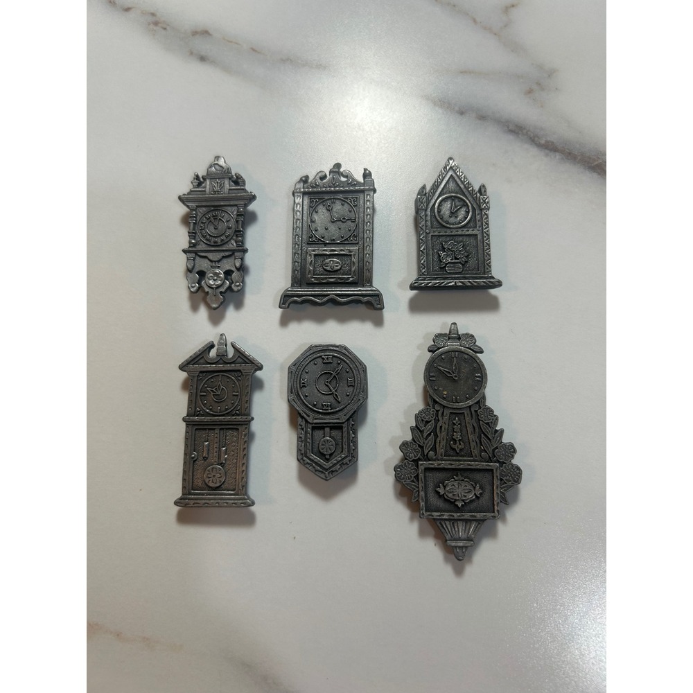Vintage‎ Miniature Clock Magnets Set of 6 Pewter Silver Grandfather Mantel Decor